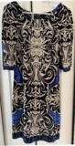 WHBM Whitehouse Black Market Shift Dress Beige Cobalt Black Geometric 3/4 Sleeve