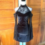 Gothic Victorian Vampire Dark Fairycore Velvet & Lace Bell Sleeve Mini Dress M