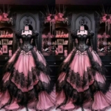 Gothic Fantasy Victorian Dress Masquerade Black Pink Corset Lacing Lace Ruffle