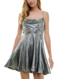 City Studios Juniors’ Drape-Neck Sleeveless Fit & Flare Foil Dress MSRP $69