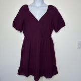 New Loft Faux Wrap Dress Womens Size 14 Purple Puff Sleeve Cotton Gauzy Beach