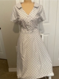 MUXXN retro Polka Dot White Midi Dress with V-Neck and Button Front