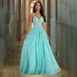 Light Blue Evening Dress A-Line Spaghetti Strap Sleeveless Appliques Party Gown
