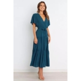 Petal + Pup Barker Teal Blue Tiered Flutter Sleeve Wrap Maxi Dress Womens Small