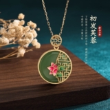 Women’s China-Chic Style Enamel Color Craft Hotan Jade Lotus Necklace