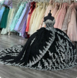 Black Glitter Crystal Beading Ball Gown Quinceanera Dresses Vestidos De 15 Años