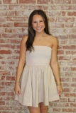 Zenana Sand Beige Combined Knit & Woven Tube Top Flare Mini Dress With Pocket