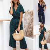 Womens Polk Dots V-Neck Overall Jumpsuit Short Sleeve Playsuit Romper Pants Size