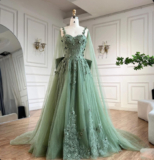 Elegant Sage Green Evening Dresses with Cape Lace Appliques A Line Dress