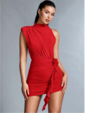 Red BAE Women’s Stand Collar Ruffle Trim Decor Pleated Dress Sz XS S M L
