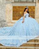 Sky Blue Ball Gown Quinceanera Dresses Off Shoulder Beaded Appliques Sweet