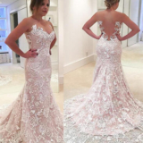 Blush Pink Evening Dresses Mermaid Strapless Lace Applique Backless Sweep Train