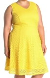 Sharagano Eyelet Lace Knit Fit Flare Day Dress Size 14W Bright Yellow NWT
