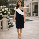 AIDAN Aidan Mattox One Shoulder Ruffle Midi Dress Black White Casual Size 42