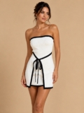 Cider Women’s XS Strapless Knit Mini Dress Cream Black Contrast Trim Bow NWT