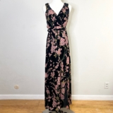 BALTIC BORN Maxi Dress Lennon Black Velvet Floral Tie Slit V-Neck Size XS