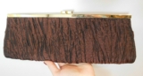Original Loreal Textured Surface Brown Evening Clutch Purse Gold Tone Trim