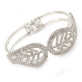 Silver Plated Clear Crystal Leaf Hinged Bangle Bracelet – up to 19cm L