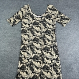 Iolani Dress Womens Medium Beige Black Hawaiian Leaf Maxi Half Sleeve Stretch