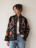 Women’s Black Velvet Statement Jacket Handmade Suzani Floral Embroidered Coat US