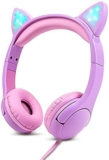 Olyre Kids Headphones for Girls, Safe 85db Volume Control Light Up Cat Ear Headphones, On-Ear LED Children Headphones for School Learning Travel – Purple/Pink