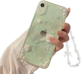 Ownest Compatible with iPhone XR 3D Butterfly Floral Clear with Design Aesthetic Women Teen Girls Glitter Pretty Crystal Sparkly Cute Girly Phone Cases iPhone XR Protective Cover+Pearl Chain