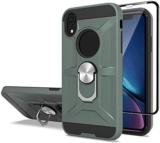 Cuoqing iphone XR Case, with Screen Protector, Military Grade Heavy Duty Armor Shockproof Protection Phone Cases Cover with Magnetic Ring Kickstand for iphone XR, Dark Green