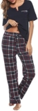 Bresdk Women Pyjama Set Cotton Checked Short Sleeve Loungewear 2 Pieces V-Neck Top & Bottom Sleepwear Soft Nightwear with Pockets Ladies Pjs Set
