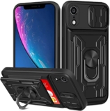 Aolcev for iPhone XR Case with Card Holder Slot Wallet Case with Slide Camera Cover Ring Kickstand Heavy Duty Hard PC Soft TPU Bumper Armor Shockproof Protective Case Cover for iPhone XR-Black