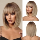 OUFEI Ombre Blonde Bob Wig With Bangs Short Straight Wig For Women Synthetic Hair Wigs for Daily Party Cosplay Wear