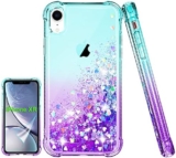 Pilaru for iPhone XR Case [with Screen Protector] Clear Liquid Heart Glitter Bumper Cover Soft TPU Cover Transparent Girly Protective Holographic Heart Phone Case for iPhone XR,Teal/Purple