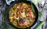 One Pan Creamy Chicken Leg Quarters with Bacon and Leek