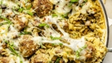 One Pan Baked Pesto Orzo with Chicken Meatballs