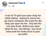 Before you open a shop for a girl, pay her bride price or get her pregnant – Nigerian man advises men
