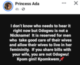 The term ‘Odogwu’ is not for men who spilt bills with their wives – Nigerian woman says